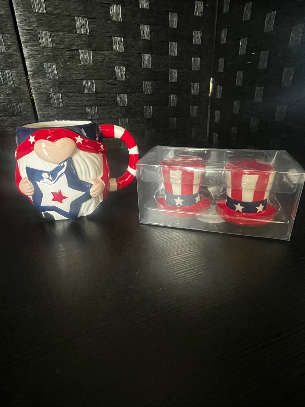 Festive patriotic ceramic gnome mug and matching Uncle Sam Salt&Pepper Shakers